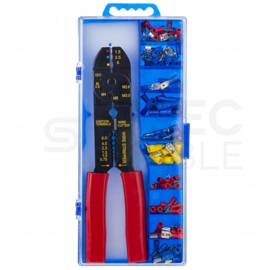 Zestaw końcówek kablowych izolowanych 0,5-6mm2 MIX konektorów 100szt w pudełku + zaciskarka 0,5-6mm2 ORNO