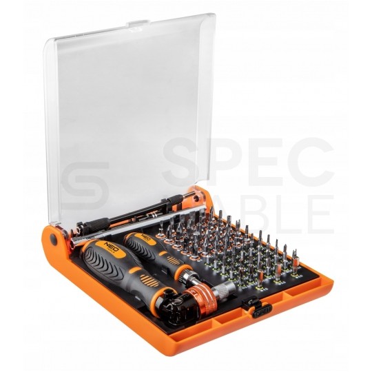 Zestaw końcówek wkrętakowych z uchwytem 73 sztuki: wkrętakowe, płaskie, krzyżowe, trójkątne, Torx, HEX + przedłużki NEO 06-115