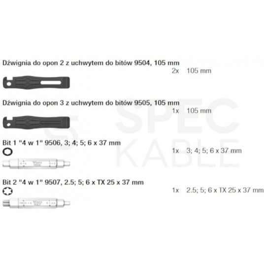 Zestaw łyżek rowerowych do opon z bitami 4w1 5szt Bicycle Set 15 WERA