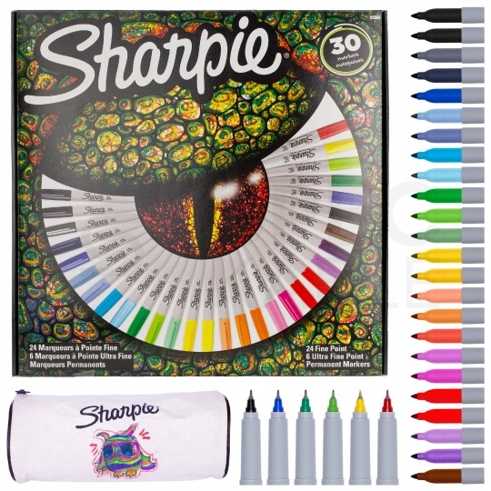 Zestaw markerów permanentnych Sharpie "Eye" 30 kolorów (24x Fine 1,0mm + 6x Ultra Fine 0,5mm) + GRATIS Piórnik do kolorowania