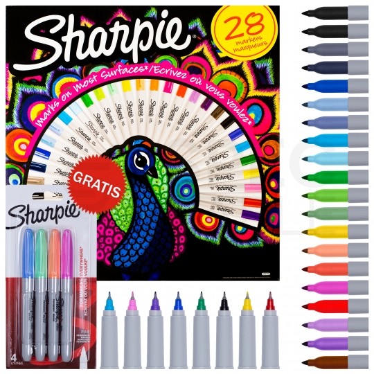 Zestaw markerów permanentnych Sharpie "Peacock" 28 kolorów (20x Fine 1,0mm + 8x Ultra Fine 0,5mm) + GRATIS 4x Pastel Fine 1,0mm