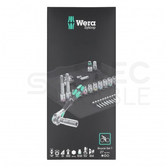 Zestaw narzędzi rowerowych wielofunkcynych kluczy nasadowych i bitów z grzechotką i etui 27 elementów Bicycle Set 7 WERA