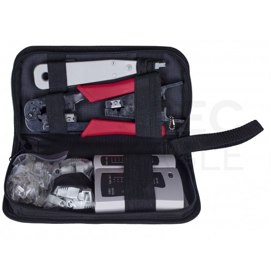 Zestaw narzędzi sieciowych Tester kabli LAN Zaciskarka RJ45 Komplet 6 elementów + etui NEKU