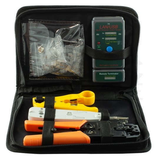 Zestaw narzędzi sieciowych Tester kabli LAN Zaciskarka RJ45 Komplet 6 elementów w walizce NEKU