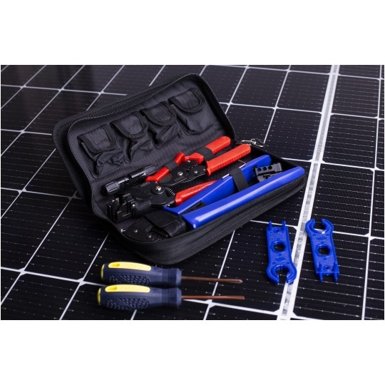 Zestaw narzędzi solarnych MC4 PV 11w1 + etui NEKU (ściągacz izolacji + zaciskarka MC4 z pozycjonerem + klucze + nożyce + 2 wkrętaki + konektory)