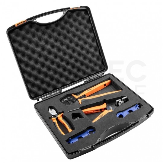 Zestaw narzędzi solarnych MC4 PV + walizka NEO 01-559 (ściągacz izolacji + zaciskarka MC4 + klucze + obcinak do kabli)