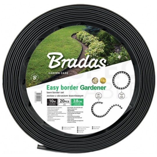 Zestaw Obrzeże ogrodowe trawnikowe Easy Border grafitowe 38mm x 10m + kotwy mocujące 20szt BRADAS