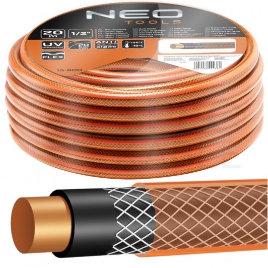 Zestaw ogrodowy Wąż 1/2" pomarańczowy 20m 4-warstwowy Economic NEO na stojaku NEO z pistoletem zraszającym, przyłączem i złączkami VERTO