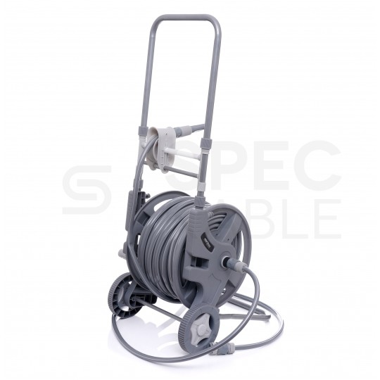 Zestaw ogrodowy Wąż 1/2" szary 45m+2m 3-warstwowy na stojaku z przyłączem, zraszaczem prostym i złączkami Kraft&Dele