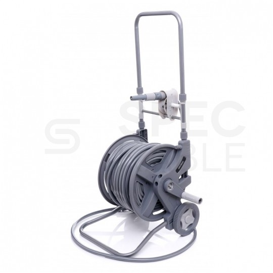 Zestaw ogrodowy Wąż 1/2" szary 45m+2m 3-warstwowy na stojaku z przyłączem, zraszaczem prostym i złączkami Kraft&Dele