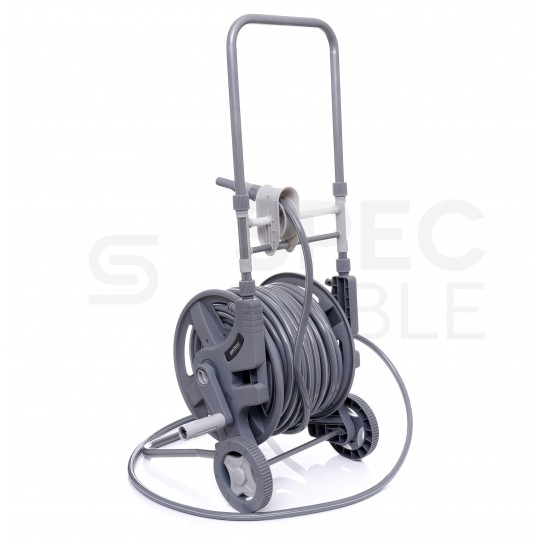 Zestaw ogrodowy Wąż 1/2" szary 45m+2m 3-warstwowy na stojaku z przyłączem, zraszaczem prostym i złączkami Kraft&Dele