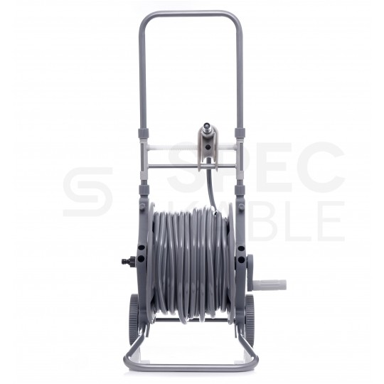 Zestaw ogrodowy Wąż 1/2" szary 45m+2m 3-warstwowy na stojaku z przyłączem, zraszaczem prostym i złączkami Kraft&Dele