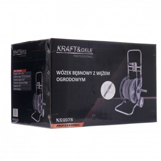 Zestaw ogrodowy Wąż 1/2" szary 45m+2m 3-warstwowy na stojaku z przyłączem, zraszaczem prostym i złączkami Kraft&Dele