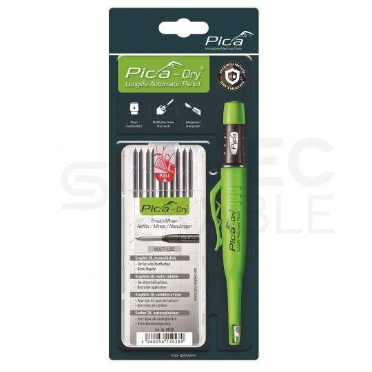 Zestaw - Ołówek automatyczny budowlany PICA 3030 + Wkłady zapasowe (10 sztuk) grafitowe 2,8mm (rozpuszczalne) PICA-Dry 30403
