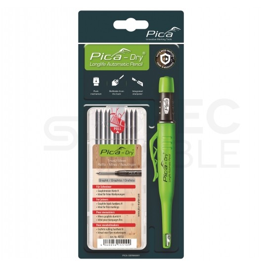 Zestaw - Ołówek automatyczny budowlany PICA 3030 + Wkłady zapasowe (10 sztuk) grafitowe 2,8mm (twarde) PICA-Dry 30405