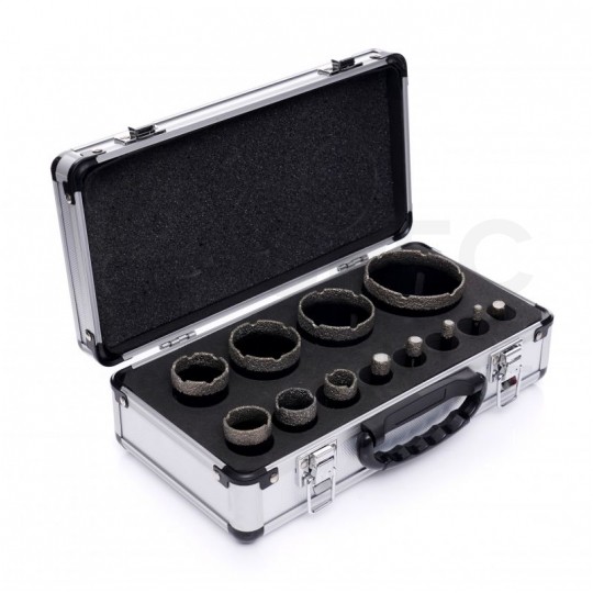 Zestaw otwornic Diamentowych 6-68mm do gresu, kamienia, płytek itp. Komplet 11szt. + adapter w walizce Kraft&Dele KD11226