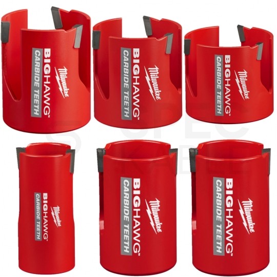 Zestaw otwornic Multi Material 35-76mmm Big Hawg do cegły, betonu komórkowego, płyt wiórowych itp. Komplet 6szt. + akcesoria w walizce MILWAUKEE