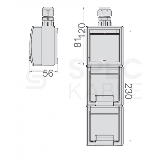 Zestaw pionowy gniazdo zasilające podwójne natynkowe hermetyczne IP65 szare z klapką 2x[2P+Z] + łącznik schodowy IP65 Aquant