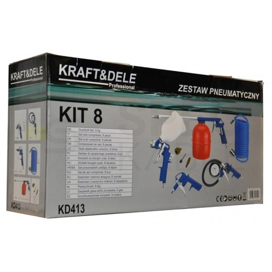 Zestaw pneumatyczny 8 elementów (4 pistolety + wąż 5m + 3 końcówki) Kraft&Dele
