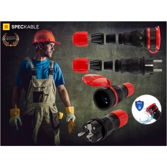 Zestaw przyłączeniowy EXTREM czarno-czerwony Wtyk + Gniazdo prądowe z klapką 230V 16A [2P+Z] IP54