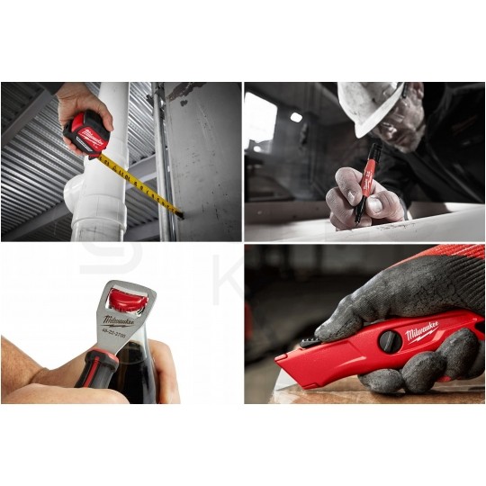 Zestaw przyrządów do Mierzenia i Cięcia 4 elementy (Miara zwijana 5m, Marker budowlany, Nóż trapezowy + Otwieracz) MILWAUKEE