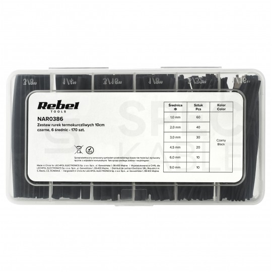 Zestaw rurek termokurczliwych CB-HFT czarne 10cm REBEL 170szt w pudełku