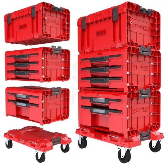 Zestaw skrzynek modułowych 4w1 (PRO Drawer 1 Toolbox Expert + 3 Toolbox Expert + 2 Toolbox Expert ) na platformie transportowej Pro Drawer Workshop Set Qbrick System RED