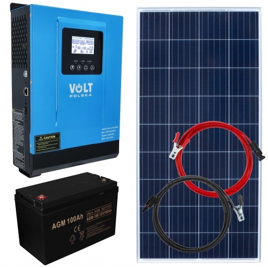 Zestaw solarny 2000W: Inwerter solarny SINUS PRO ULTRA 12/230V 1000/2000W MPPT 60A + Panel polikrystaliczny 18V 180W + Akumulator bezobsługowy AGM 12V 100Ah + Przewody przyłączeniowe 2x 5m (czarny i czerwony) VOLT
