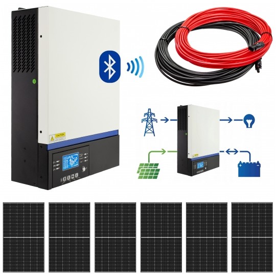 Zestaw solarny 2500W do systemu Off-Grid: Hybrydowy inwerter solarny ESB-3kW-24 + 6 Panel solarny monokrystaliczny 410W + 2x25mb kabel solarny 4mm2 + złącza MC4