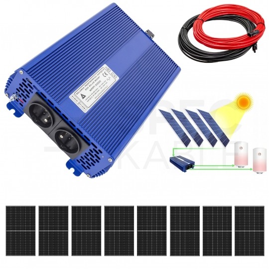 Zestaw solarny 3440W do grzania wody w bojlerach: Przetwornica ECO Solar Boost MPPT-3000 3kW + 8x Panel solarny monokrystaliczny 430W + 2x25mb kabel solarny + złącza MC4