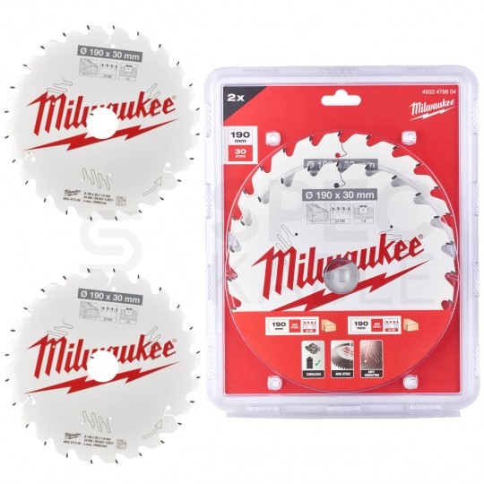 Zestaw tarcz do drewna 190 x 30 mm 24 + 24 zęby 2 szt. TWIN PACK do ręcznych pił tarczowych MILWAUKEE