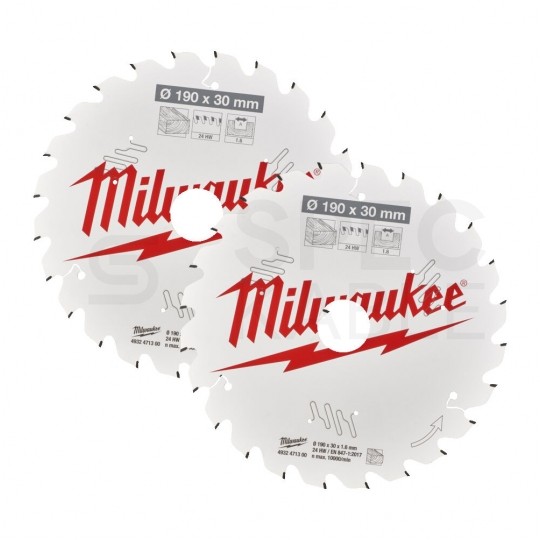 Zestaw tarcz do drewna 190 x 30 mm 24 + 24 zęby 2 szt. TWIN PACK do ręcznych pił tarczowych MILWAUKEE