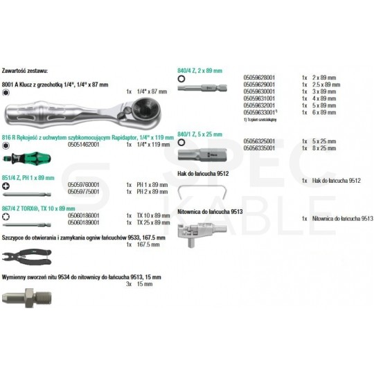 Zestaw warsztatowy narzędzi rowerowych wkrętaków wielofunkcyjnych z etui 20 elementów z uchwytem Rapidaptor z nitownicą i szczypcami do łańcuchów WERA