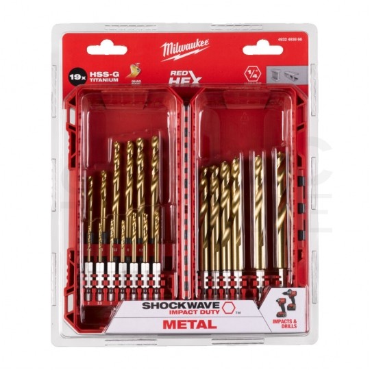 Zestaw wierteł do metalu HSS-G 2-10mm w kasecie 19szt. RED HEX Shockwave Impact Duty MILWAUKEE