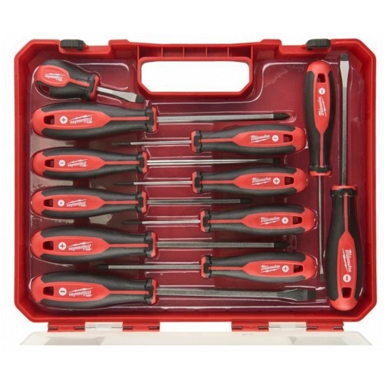 Zestaw wkrętaków 12 sztuk: 6x płaskie PŁ + 3x krzyżowe PH + 3x PZ + walizka MILWAUKEE