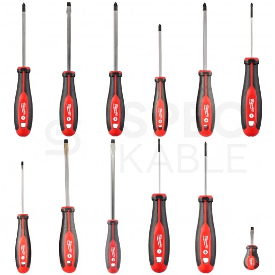 Zestaw wkrętaków 12 sztuk: 6x płaskie PŁ + 3x krzyżowe PH + 3x PZ + walizka MILWAUKEE