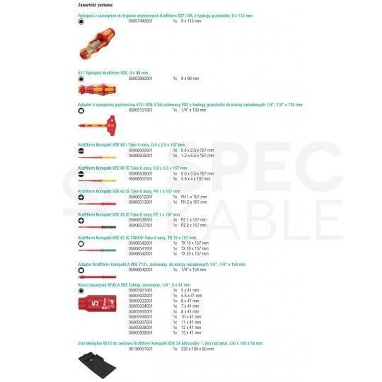 Zestaw wkrętaków i nasadek izolowanych 25 sztuk: 2xrękojeść do trzepieni: 3x płaskie PŁ + 2x krzyżowe PH + 2x PZ + 3x gwiazdkowe TX + adapter klucza nasad. 1/4" + rękojeść poprzeczna do nasadek: 9 nasadek 1/4" + etui 1kV VDE Kompakt Take it easy WERA