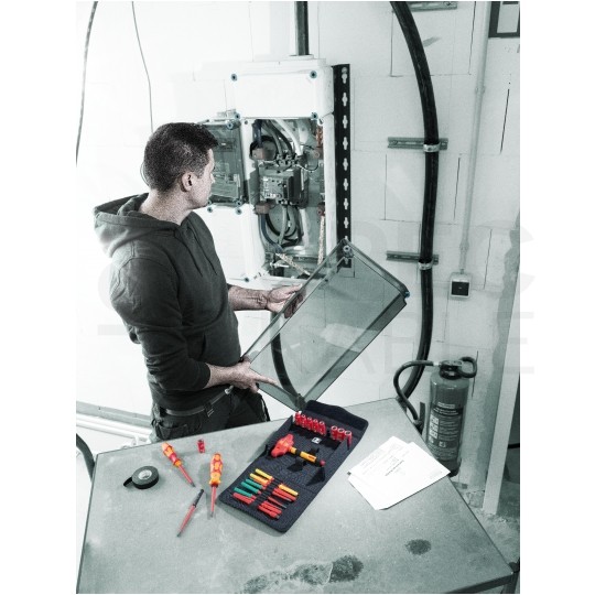 Zestaw wkrętaków i nasadek izolowanych 25 sztuk: 2xrękojeść do trzepieni: 3x płaskie PŁ + 2x krzyżowe PH + 2x PZ + 3x gwiazdkowe TX + adapter klucza nasad. 1/4" + rękojeść poprzeczna do nasadek: 9 nasadek 1/4" + etui 1kV VDE Kompakt Take it easy WERA