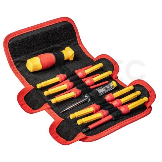 Zestaw wkrętaków izolowanych dla elektryka 11 sztuk: rękojeść + 7x płaskie PŁ + 3x krzyżowe PH + próbnik NEO 01-308