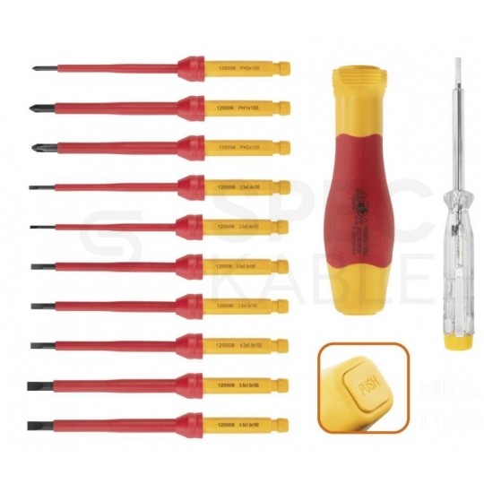 Zestaw wkrętaków izolowanych dla elektryka 11 sztuk: rękojeść + 7x płaskie PŁ + 3x krzyżowe PH + próbnik NEO 01-308