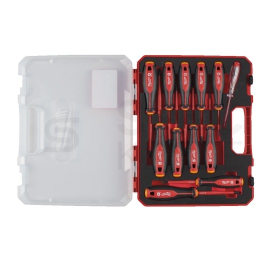 Zestaw wkrętaków izolowanych dla elektryka 12 sztuk: 4x płaskie PŁ + 2x krzyżowe PH + 2x PZ + 3x gwiazdkowe TX + próbnik + walizka 1kV VDE MILWAUKEE