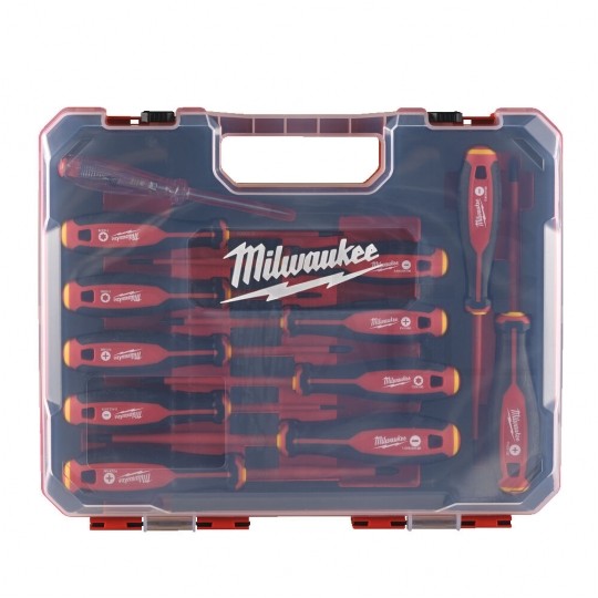 Zestaw wkrętaków izolowanych dla elektryka 12 sztuk: 4x płaskie PŁ + 2x krzyżowe PH + 2x PZ + 3x gwiazdkowe TX + próbnik + walizka 1kV VDE MILWAUKEE