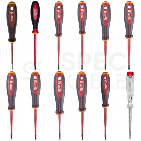 Zestaw wkrętaków izolowanych dla elektryka 12 sztuk: 4x płaskie PŁ + 2x krzyżowe PH + 2x PZ + 3x gwiazdkowe TX + próbnik + walizka 1kV VDE MILWAUKEE