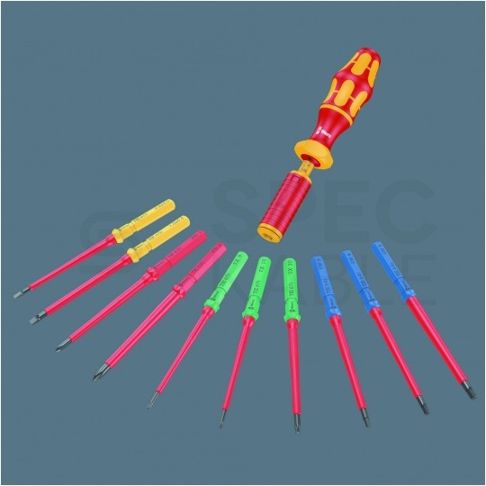 Zestaw wkrętaków izolowanych dla elektryka 15 sztuk: rękojeść dynamometryczna 1,2-3 Nm + 4x płaskie PŁ + 2x krzyżowe PH + 2x PZ + 4x gwiazdkowe TX + próbnik + etui 1kV VDE Kompakt Take it easy WERA