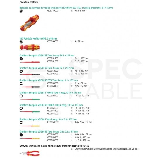 Zestaw wkrętaków izolowanych dla elektryka 24 sztuki: 2x rękojeść + 4x płaskie PŁ + 4x krzyżowe PH + 2x PZ/S + 4x gwiazdkowe TX + etui 1kV + szczypce KNIPEX 08 26 185 VDE Kompakt Take it easy WERA