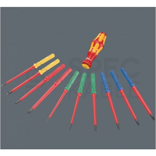 Zestaw wkrętaków izolowanych dla elektryka 24 sztuki: 2x rękojeść + 5x płaskie PŁ + 2x krzyżowe PH + 1x PZ + 1x PH/S + 1x PH/Z + 7x gwiazdkowe TX + 1x HEX + etui 1kV VDE Kompakt Take it easy WERA