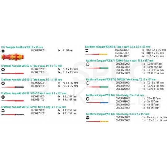 Zestaw wkrętaków izolowanych dla elektryka 24 sztuki: 2x rękojeść + 5x płaskie PŁ + 2x krzyżowe PH + 1x PZ + 1x PH/S + 1x PH/Z + 7x gwiazdkowe TX + 1x HEX + etui 1kV VDE Kompakt Take it easy WERA