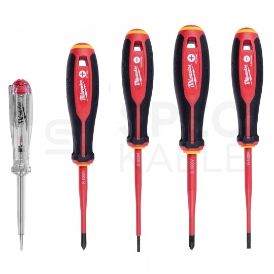 Zestaw wkrętaków izolowanych dla elektryka 5 sztuk: 2x płaskie PŁ + 2x krzyżowe PH + próbnik 1kV VDE MILWAUKEE