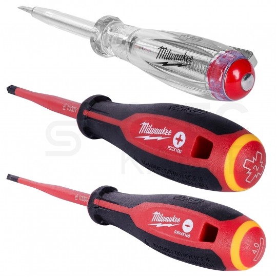 Zestaw wkrętaków izolowanych dla elektryka 5 sztuk: 2x płaskie PŁ + 2x krzyżowe PH + próbnik 1kV VDE MILWAUKEE