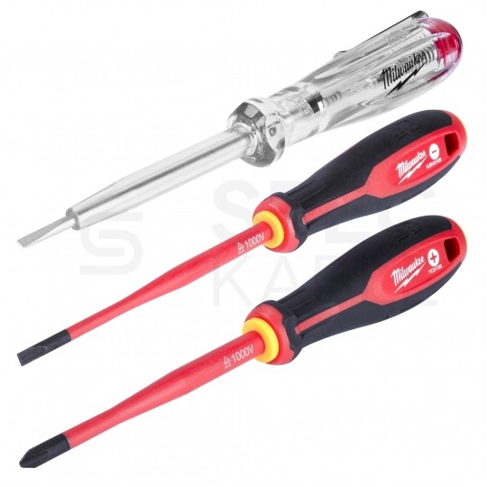 Zestaw wkrętaków izolowanych dla elektryka 5 sztuk: 2x płaskie PŁ + 2x krzyżowe PH + próbnik 1kV VDE MILWAUKEE